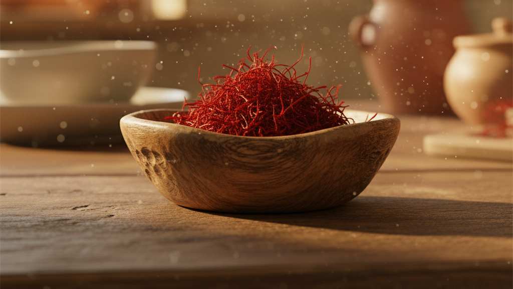 Pure Persian saffron threads in wooden bowl